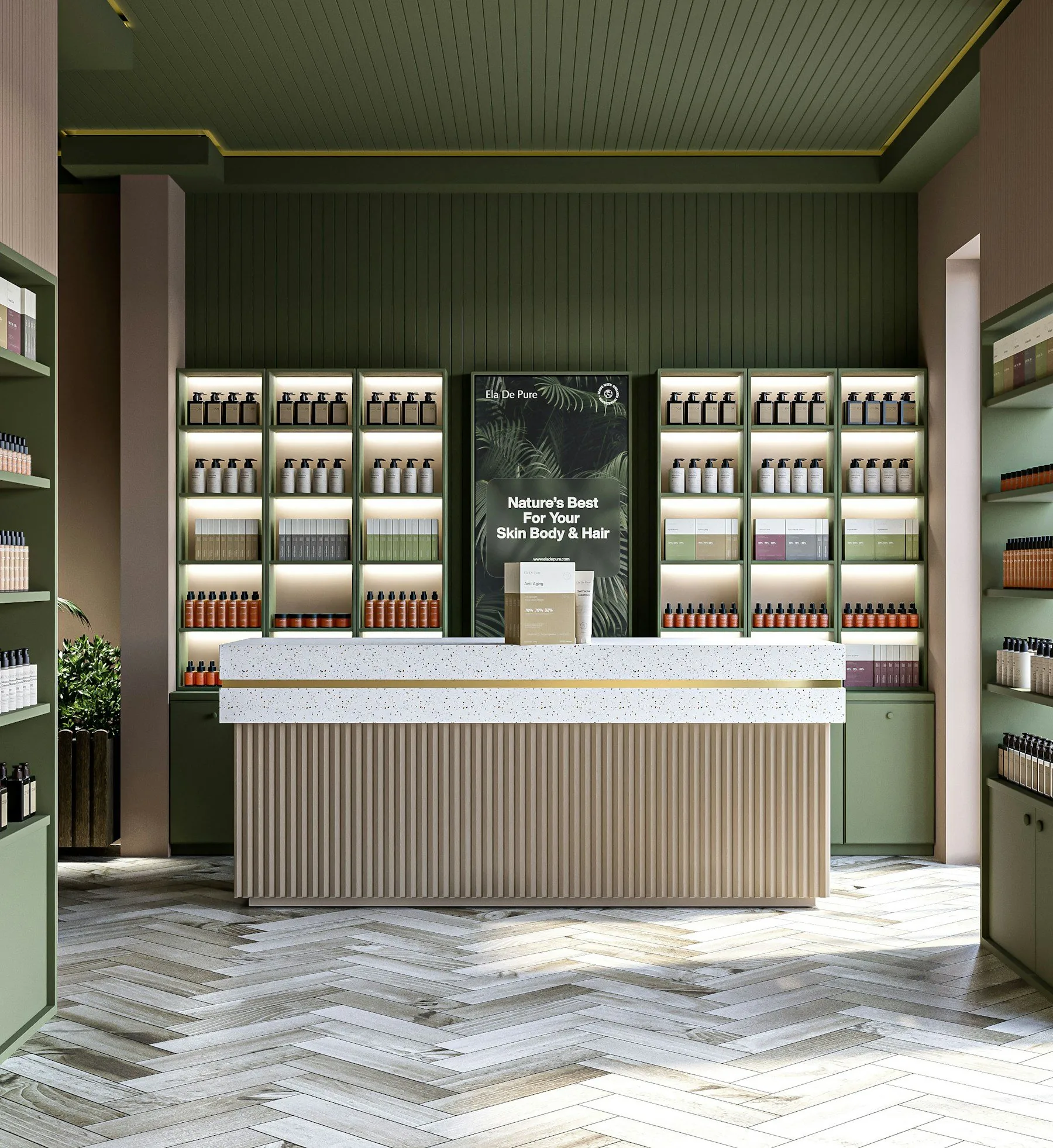 Tienda de cosmética con expositores perimetrales y mostrador central.